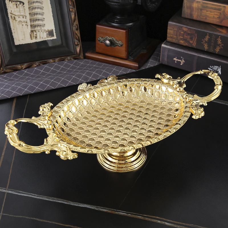 European Style Round Fruit Tray Golden Snack Tray with Handles for Storage Cookie Cake Dessert Food Candy Serving Dish