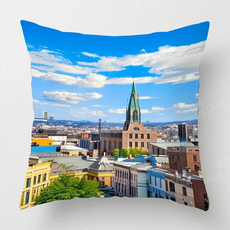 Four Seasons Universal Short Plush Pillow Case Living Room Bedroom Landscape Illustration Architectural Pattern Cushion Cover
