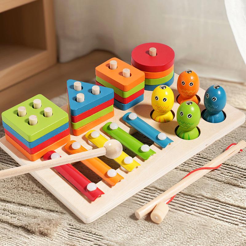 Wooden Children'S Early Education Three-In-One Set Of Column Toys To Exercise Hand-Eye Coordination, Patience And Concentration Toys