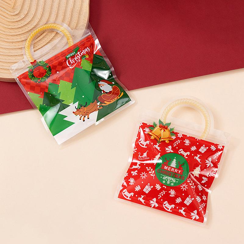 10 Pcs Christmas Candy Bag Biscuit Plastic Handbag Cartoon Elk Snow Man Pattern Christmas Party Packaging Bag Xmas Supplies