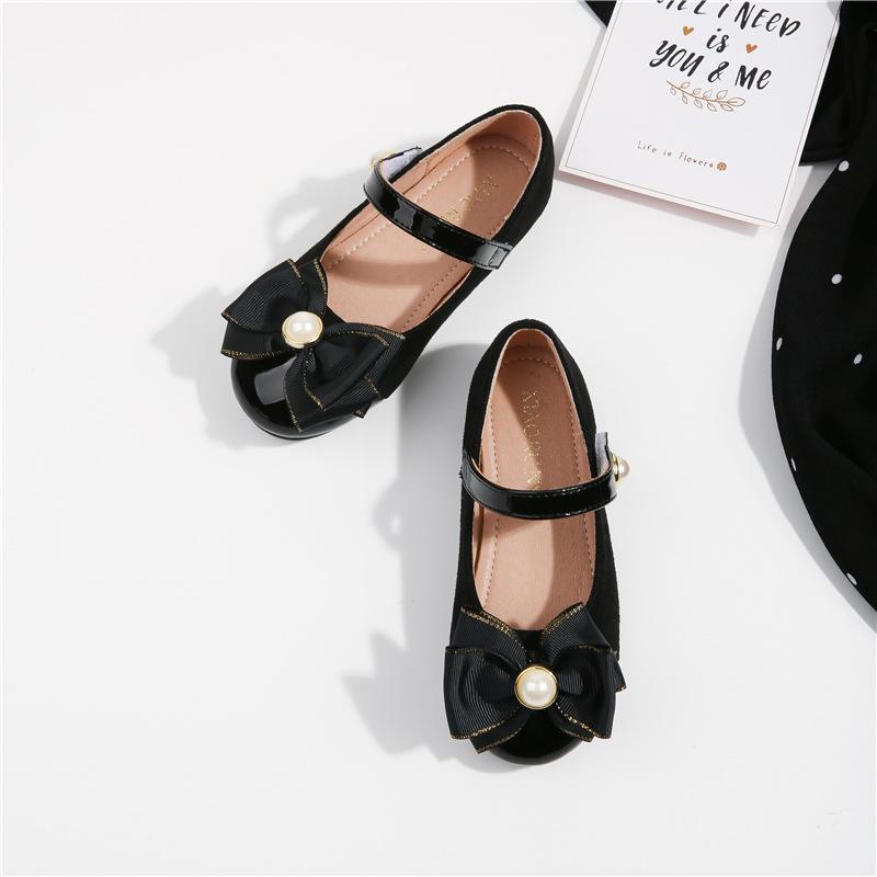 2024 Autumn Girls Shoes Sweet Pearl Princess Casual Leather Shoes Shallow Mary Janes Soft Black Bow Kids Shoes Dress Party Flats