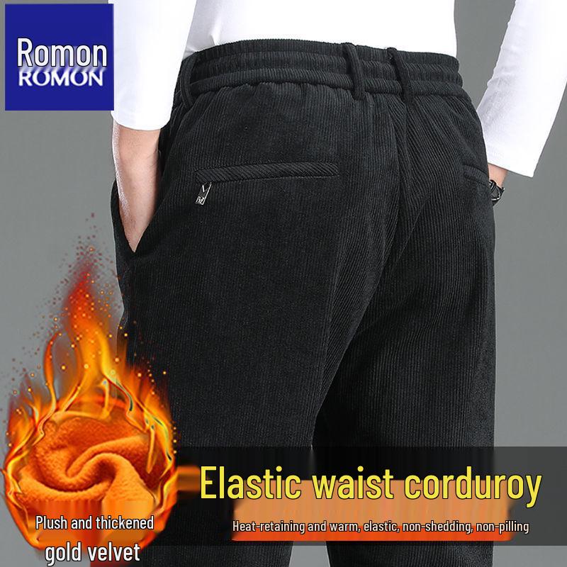Romon Men's Fleece-Lined Corduroy Pants, Thickened Elastic Waist, Autumn/Winter Warm Casual Style.