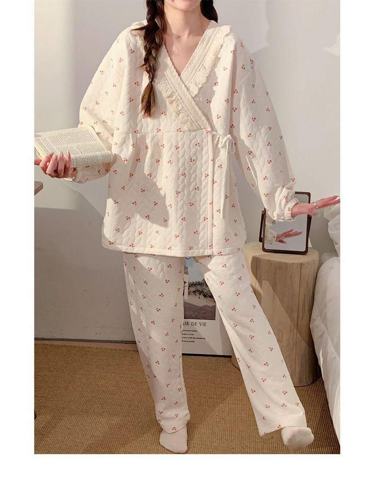 Plus Size Maternity Kimono Pajamas - Autumn/Winter Cotton for Postpartum & Breastfeeding