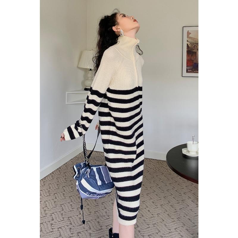 Premium Temperament Celebrity Fashion Knitted Long-sleeved Sweater Sweater Medium and Long Dress