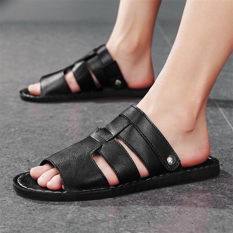 Men Handmade Simple Flats Sandals Summer Roman Sandals Retro Black Brown Leather Open Toe Beach Shoes Plus Size