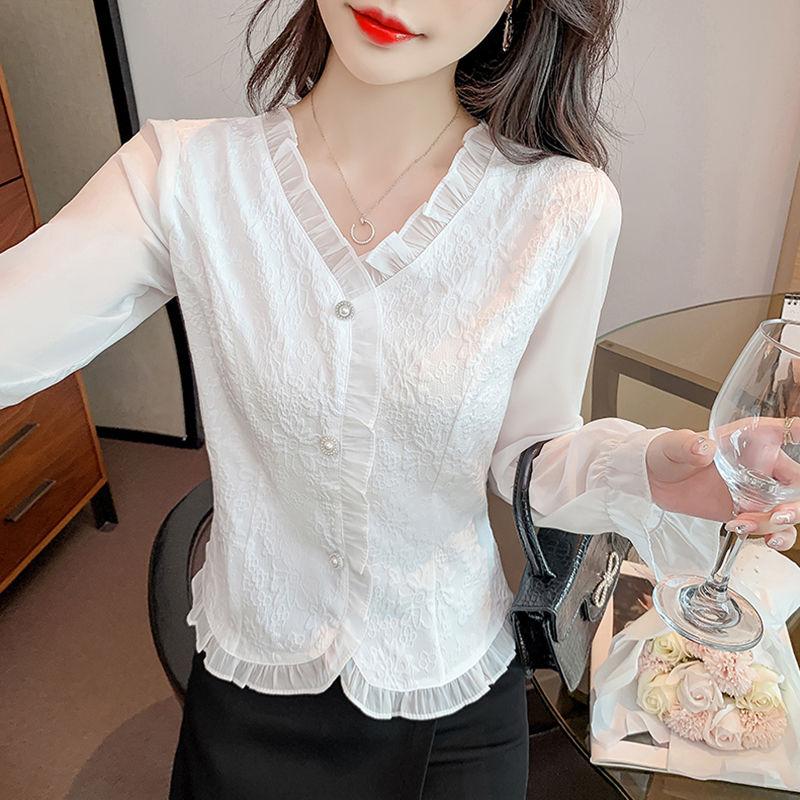 French Jacquard V-neck Shirt Women's Chiffon Long-sleeved Flared Sleeve In Spring and Autumn with Design