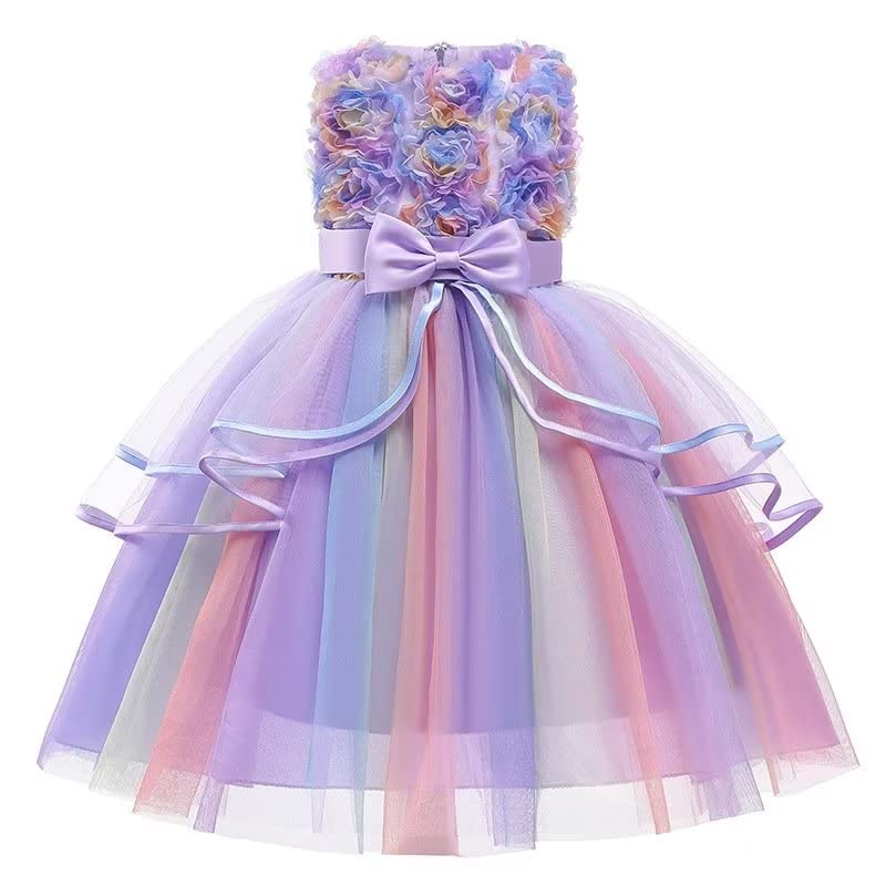 Kayiyasu Formal Dress with Tulle Rainbow Floral Print and Perfect for Kindergarten Entrance Piano and Ages Girls' Skirt, Bow, Ceremonies, Recitals,
