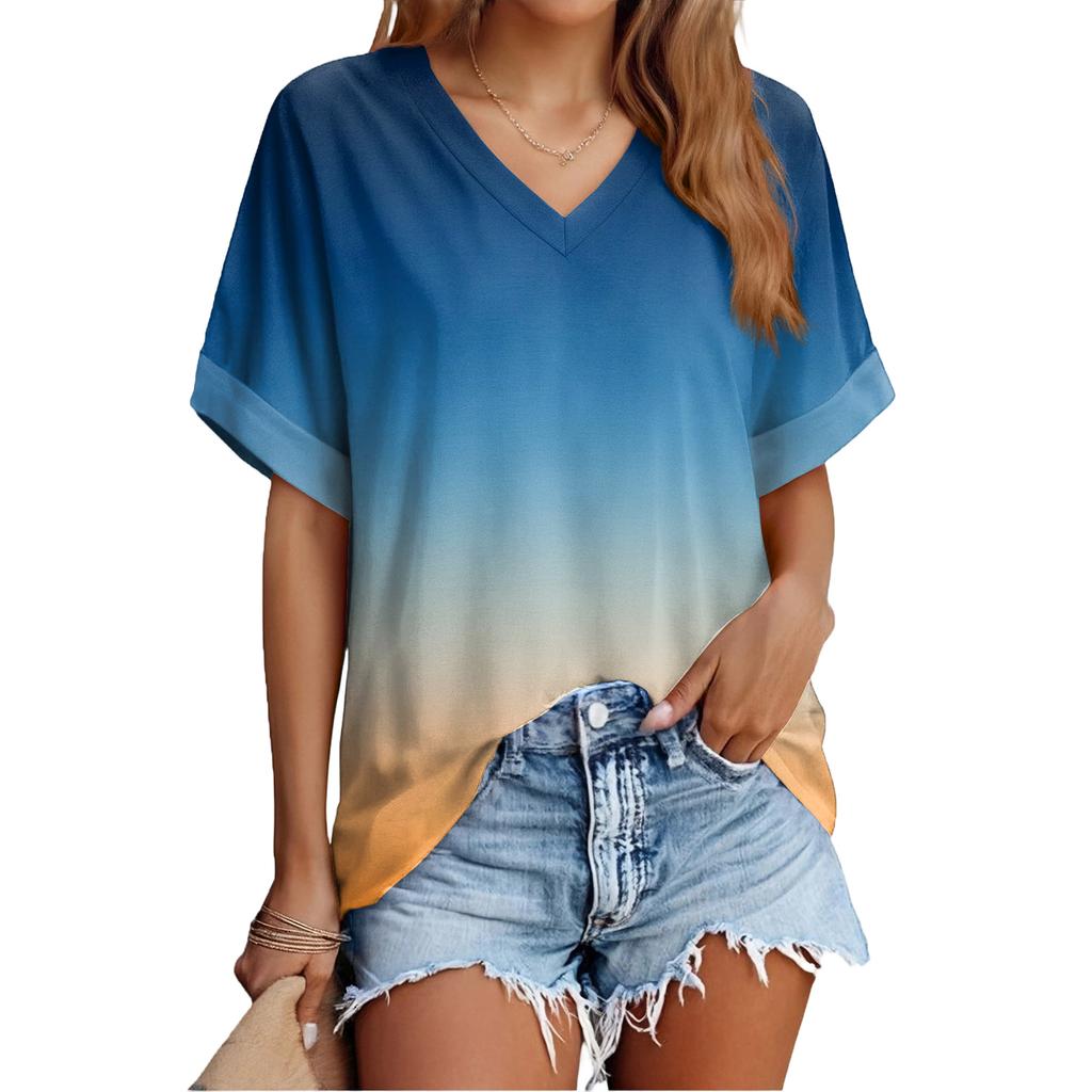 Women's Fashion Casual Everyday Versatile Gradient Print Slim-Fit Summer Short-Sleeve Top