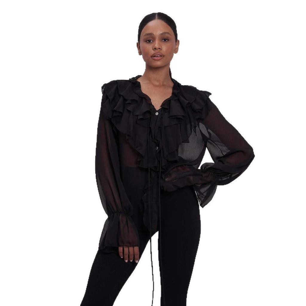 Stylish European & American Tie-Up Puff Sleeve Ruffle V-Neck Blouse - Solid Color Women's Spring Top