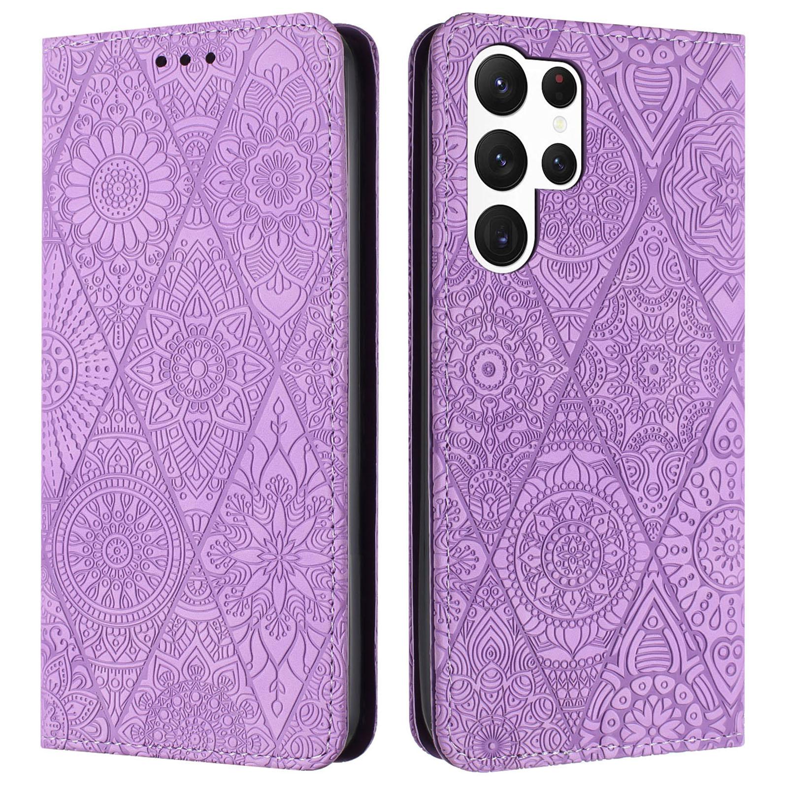 

For Samsung Galaxy S25 Ultra Case Imprinted Flower Wallet Stand Leather Phone Cover C