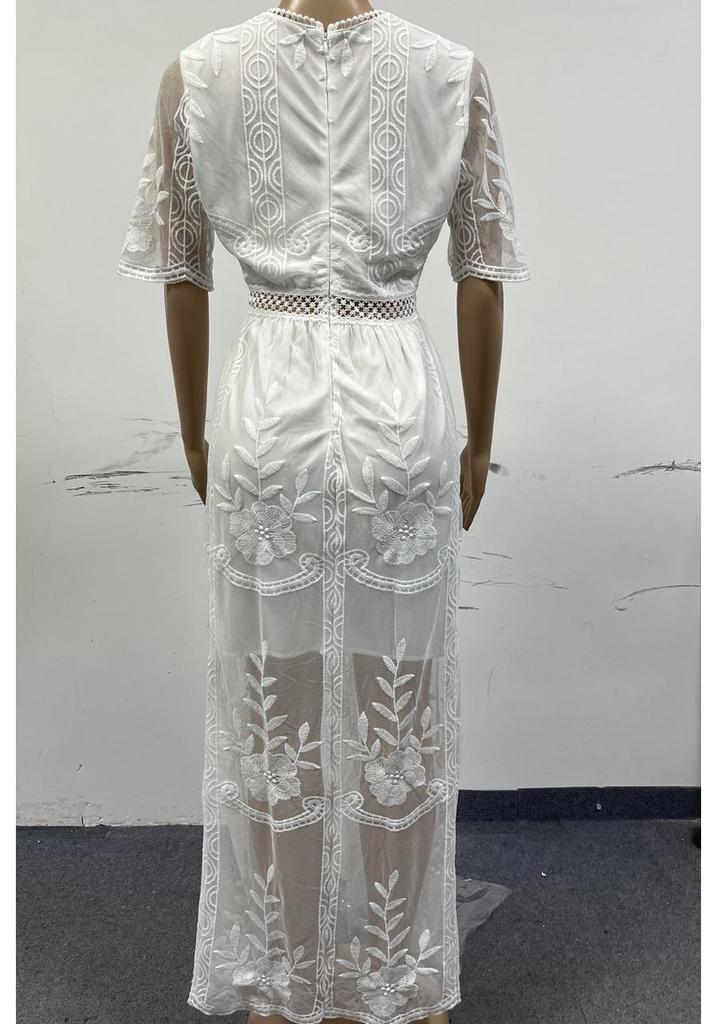 2023 Summer European & American Lace Deep V-neck Short Sleeve Long Dress