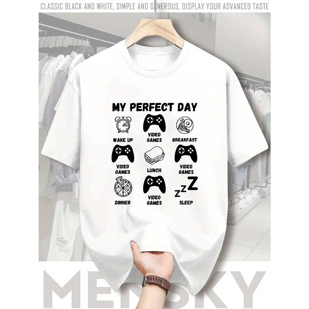 

Men s Casual Gaming Pattern T-Shirt My Perfect Day Design with Video Game and Food Icons Breathable Summer Short Sleeve S