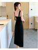 2024 Slimming Black Suspender Skirt Dress: Summer Temperament, Medium-Long Slit