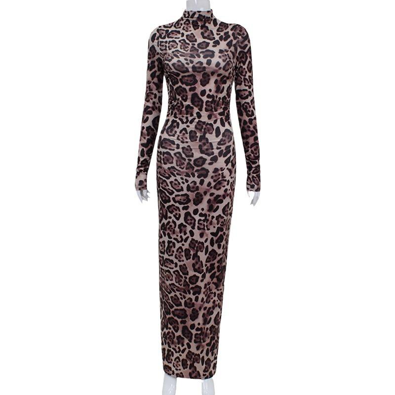 Women's Printed Round Neck Long Sleeve Sexy Spice Club Fashion Senior Leopard Print Sheath Dress