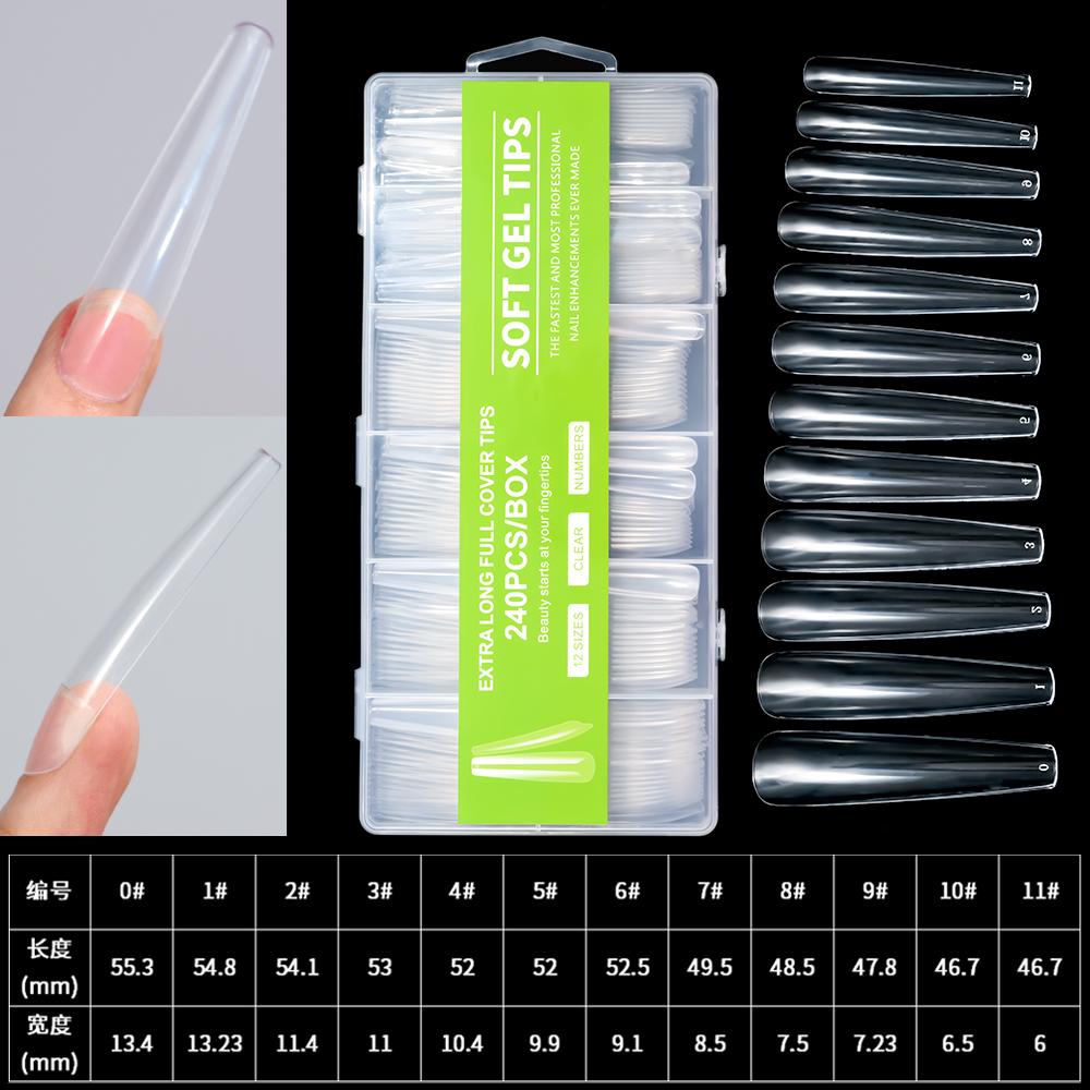 

240 шт./кор., удлиненные накладные ногти, балерина, французские ногти в форме гроба, накладные ногти с полным покрытием, прозрачные гелевые кончики, капсульные накладные накладные ногти