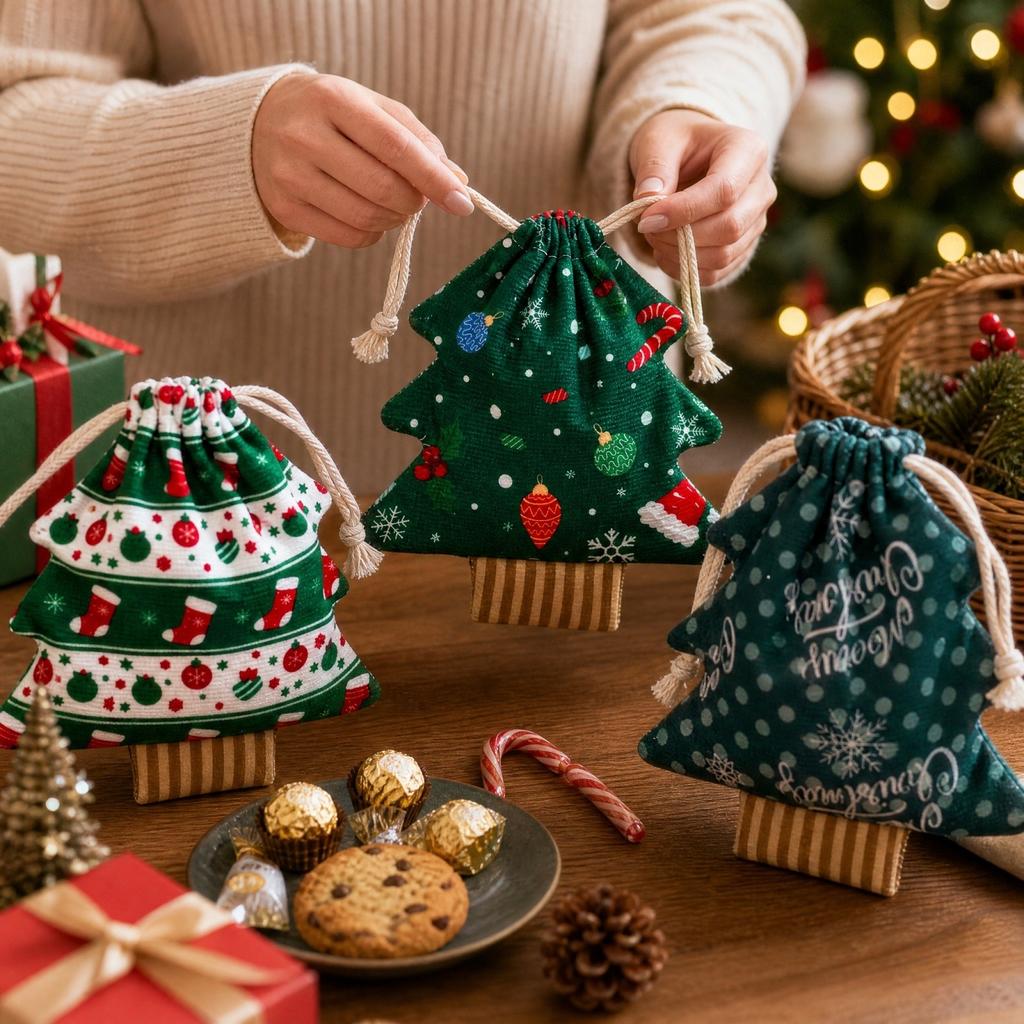 Christmas Tree Gift Bags, Printed Fabric Candy Storage Pouch for Holiday Party Decorations