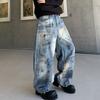 Unisex Vintage Distressed Wide-Leg Denim Pants Streetwear Loose Fit Straight Cut Cotton Jeans Men Women