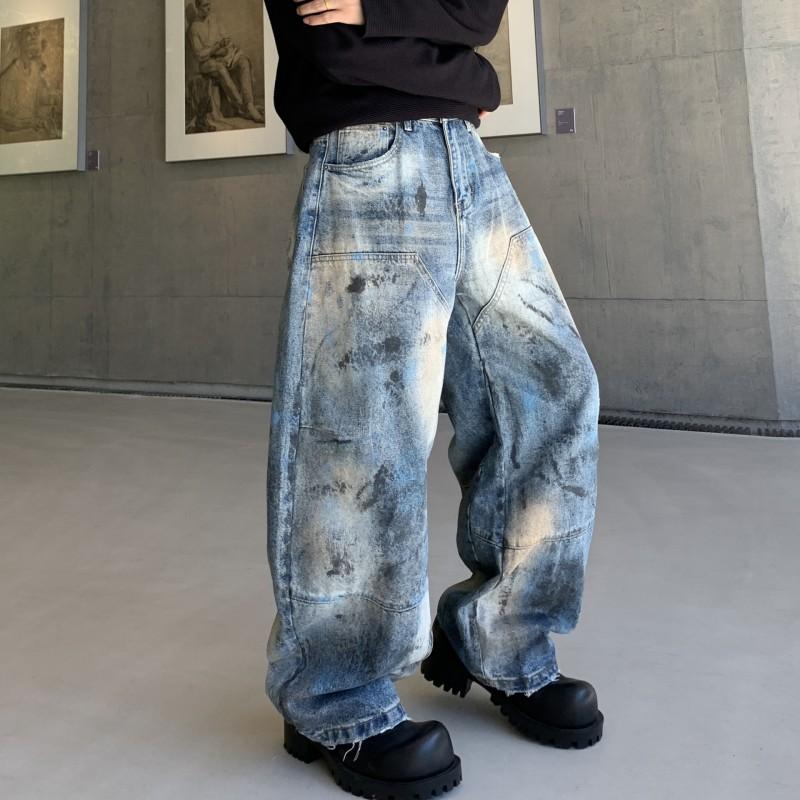 Unisex Vintage Distressed Wide-Leg Denim Pants Streetwear Loose Fit Straight Cut Cotton Jeans Men Women