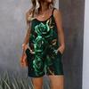 Womens Sleeveless Spaghetti Strap Romper Flower Print Pocket Short Jumpsuit