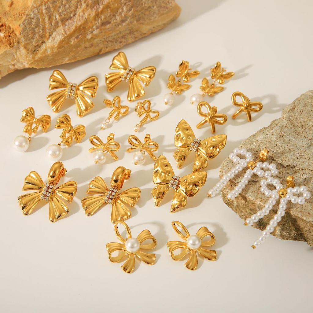 18K Gold French-Style Bow Studs with Titanium Steel, Butterfly, and Pearl Accents