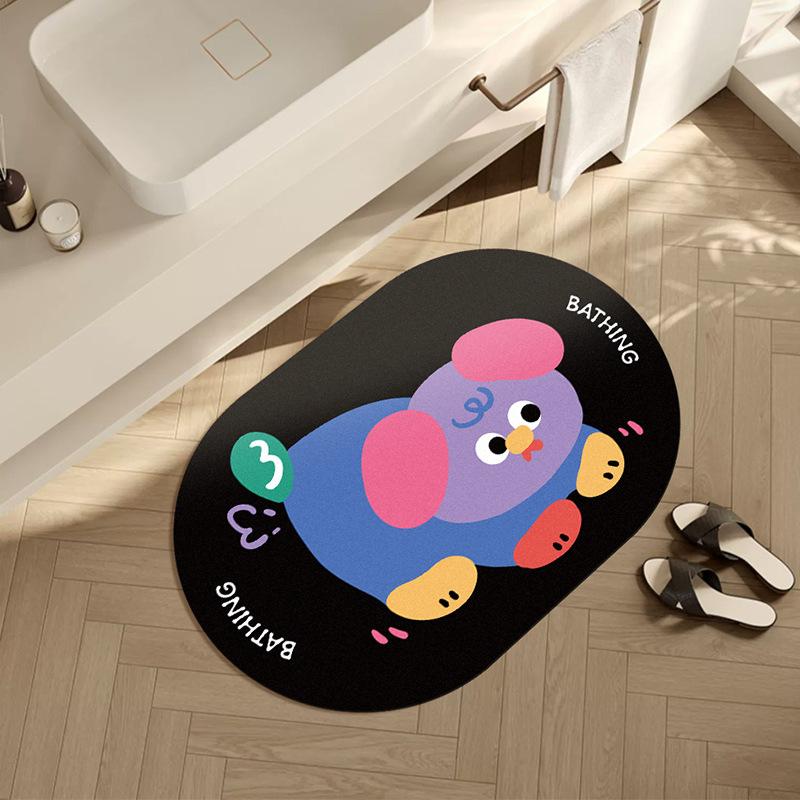 Bathroom Floor Mat Quick Drying and Absorbing Water Household Oval Bathroom Entrance Mat Anti Slip Cartoon Dopamine Foot Mat