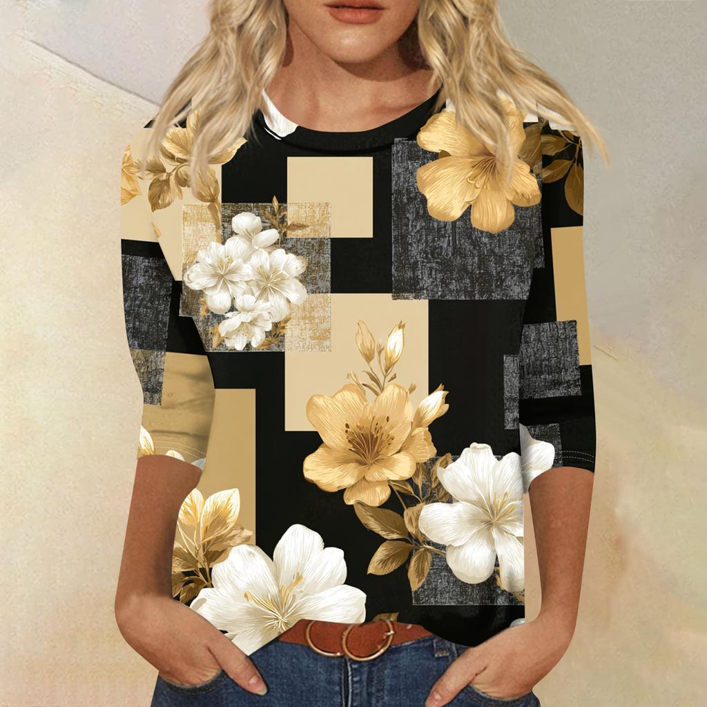Women's Fashion Casual Round Neck Three-quarter Sleeve Retro Floral Print T-shirt Top