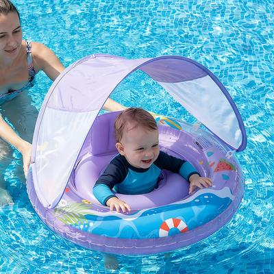 Dual Airbags Inflatable Baby Swim Seat Ring with Sunshade Canopy Anti Flip Float for 6-36 Months Swimming Ring