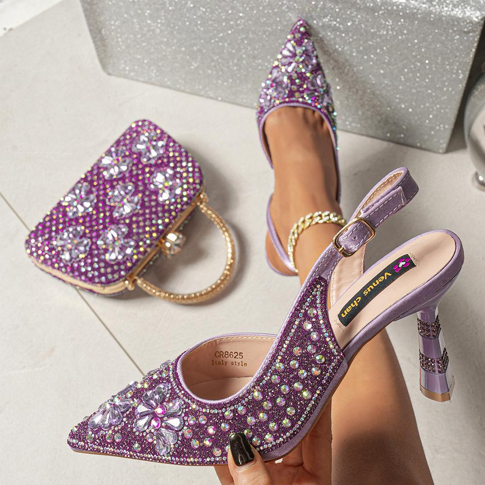 E-commerce Ladies' High Heels & Bag Set: Pointed Toe, Full Diamond Design, 3D Flower Accents, Matching Small Square Bag