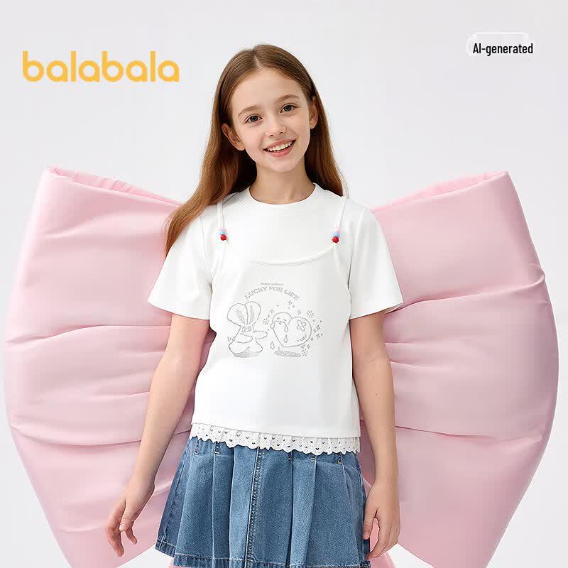 Balabala Girls' Faux Two-Piece Short Sleeve T-Shirt