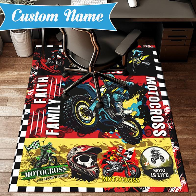 Custom Name Sport Bike Rug for Living Room, Game Rooms, Office, Bedroom, Floor Mat Playful Design, fan gifts Christmas decor