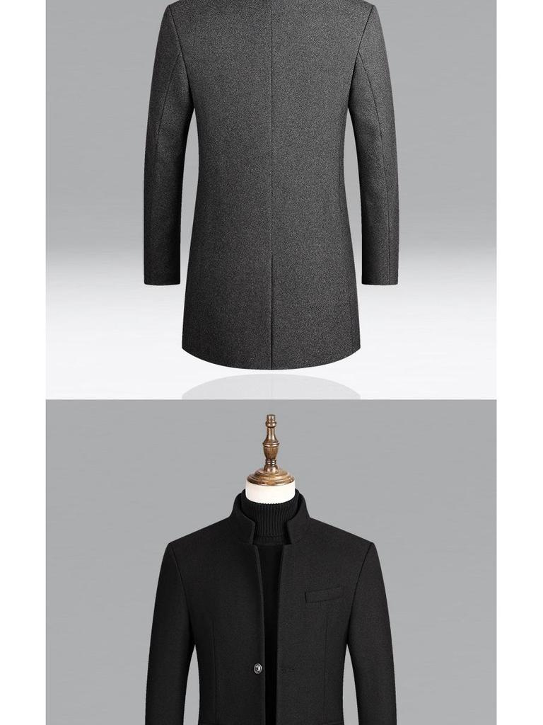 Men's Mid-Length Woolen Overcoat with Cotton Padding