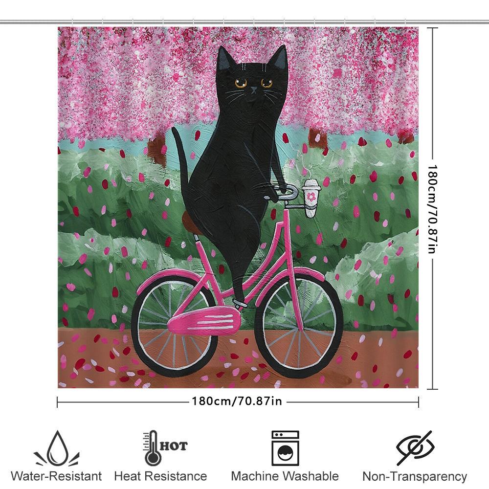Cat Bicycle Shower Curtain Vintage Cycling Lover Gift Unique Home Decor Artistic Black Kitty Riding Bike Bathroom Fabric