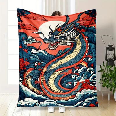 Japanese Dragon Waves Phone Case CoverBlanket Flannel Throw Blanket for Sofa, Bed, Travel, Camping, Office, Couch, Chair, And Bed Gift for C