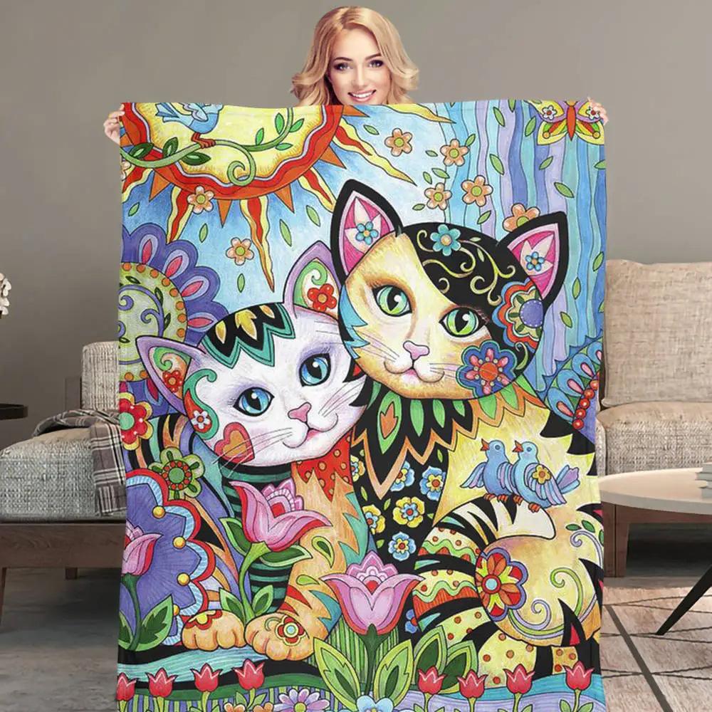 Cartoon Cat On the Bookshelf Printed Blanket for Sofa Bed Travel Camping Living Room Office Conditioning Blanket