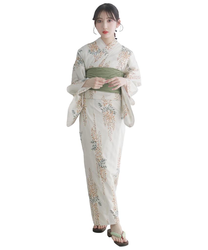 Yukata Change Set Heiko AB Size Fits Golden [KYOETSU] Set, Weave, Unbleached, Two-part Type, 4-piece (yukata, Obi, Underwear, Geta), Women's (one All,