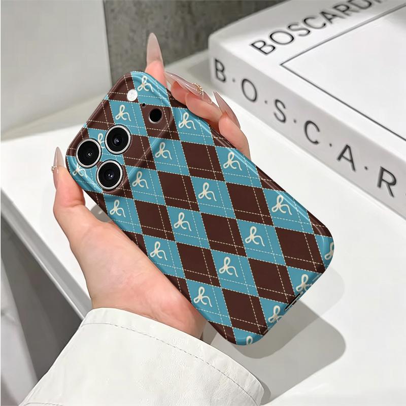 Cozy Brown Teal Argyle Bow Pattern Art Graphic Film Aesthetic Protective Shockproof Bumper Phone Case Cover For iPhone 14 15 16 Pro Max Plus