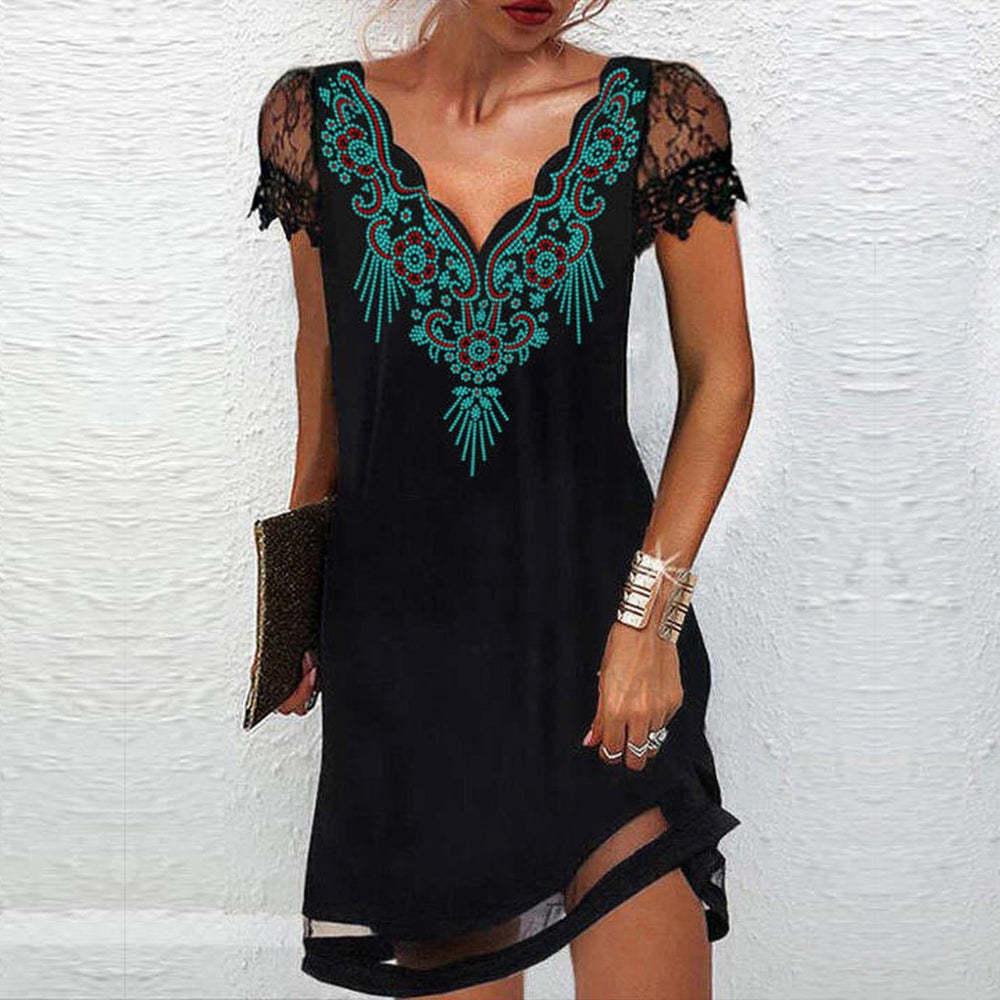 Women's Ethnic Style V-Neck Gradient Print Lace Mesh Casual Dress