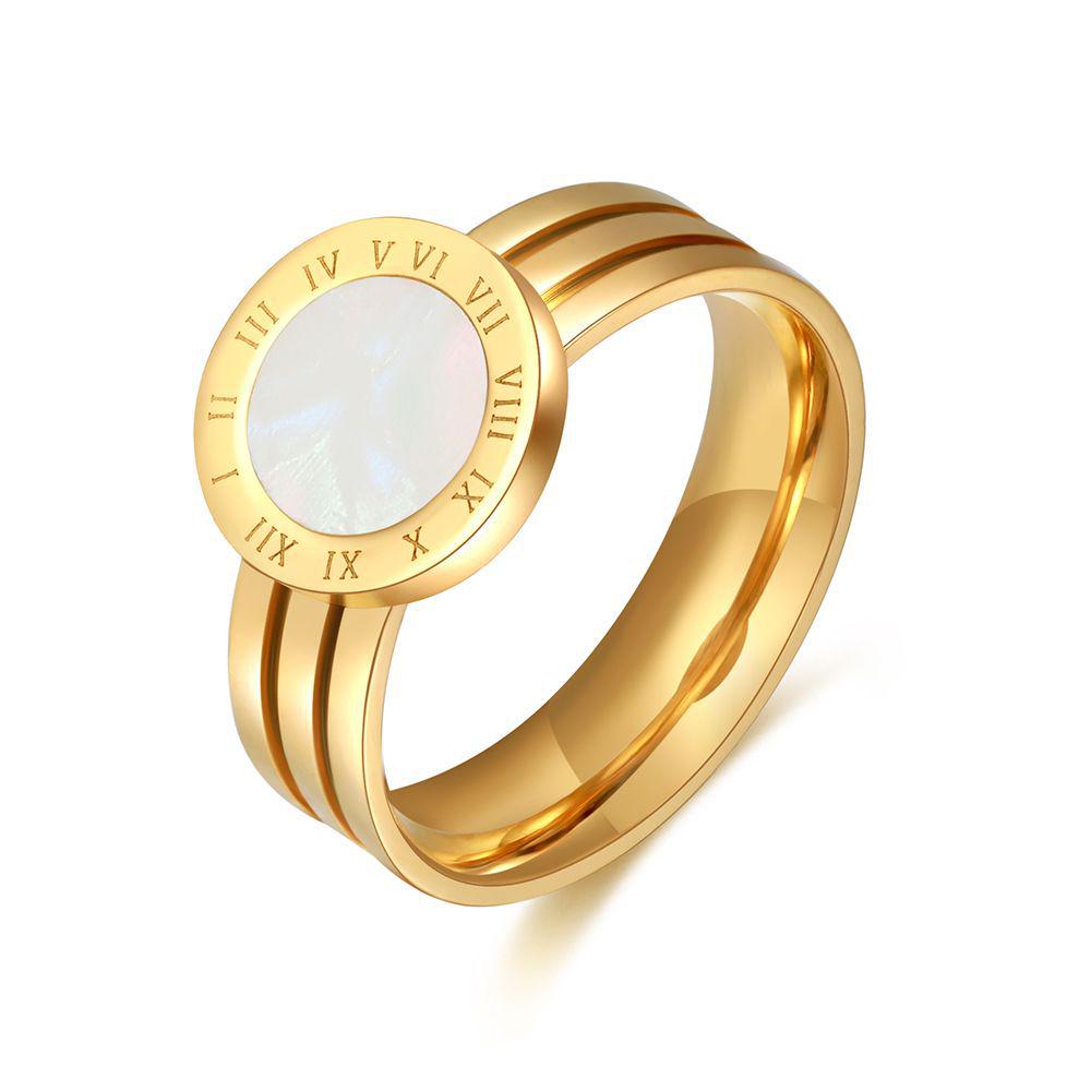

Women s Roman Numeral Stainless Steel Shell Ring with Inlaid Acrylic and 18K Gold Finish Size 7