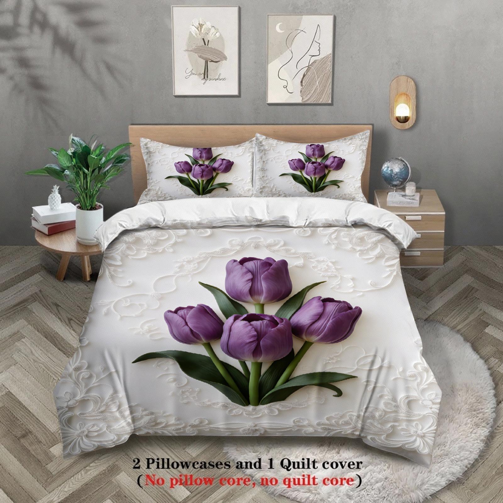 

Floral Embroidered Bedding Set White Purple Tulip Pattern Bedding With Duvet Cover and Pillowcases For Bedroom US Full(200x230cm)