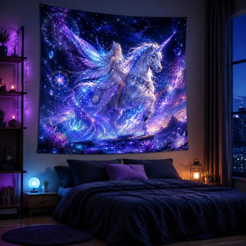 Starry Sky Unicorn Elf Princess Tapestry Dreamy Purple Galaxy Magic Printing Hanging Cloth Anime Room Decoration