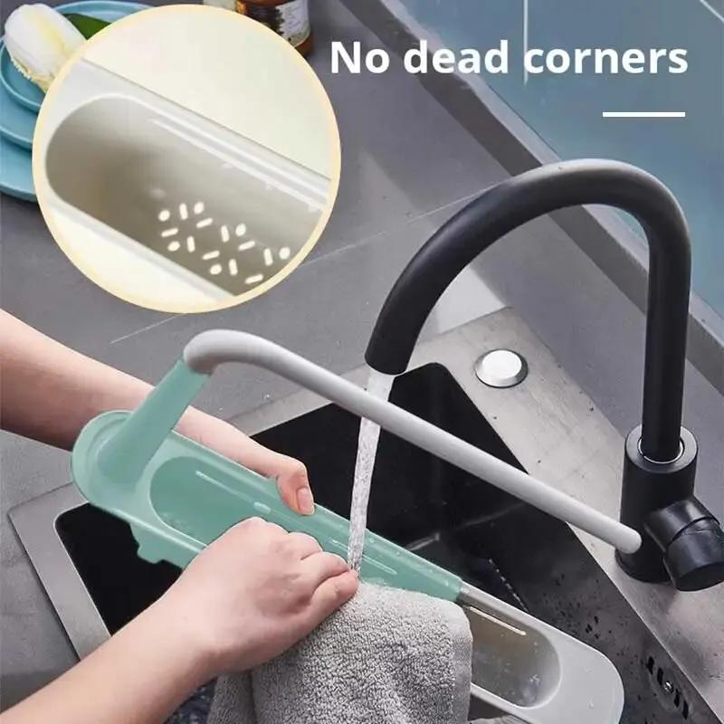 1Pc Multifunctional Telescopic Sink Storage Rack Upgraded Adjustable Sink Sponge Holder Expandable 2-in-1 for Home Kitchen