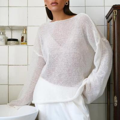 Autumn Hollow Out Knit Top Women's Loose Mesh Woven Sexy Round Neck Sheer Thin Sweater Women