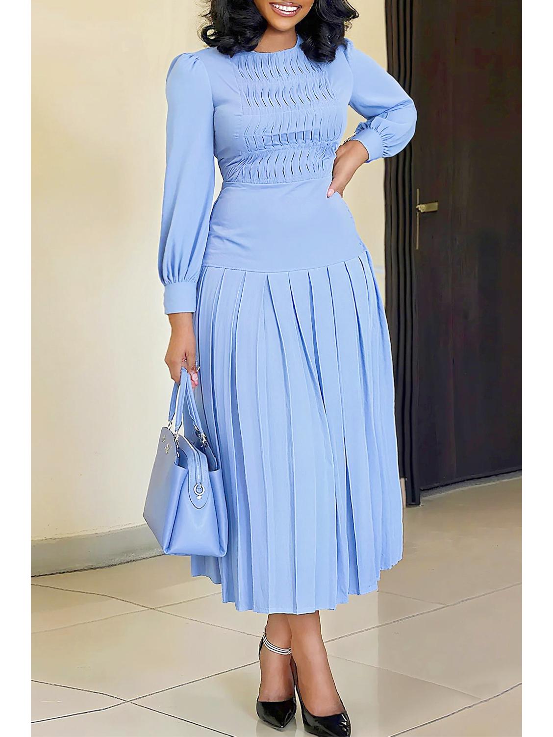 

2026 European Lantern Round Neck Temperament Dress L светло-синий