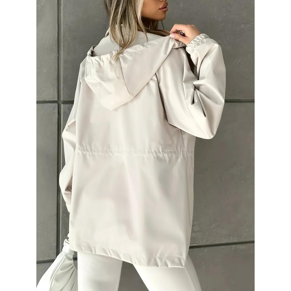 Women Hooded Windbreaker Jacket Drawstring Waist Snap Button Front Elastic Cuff Lightweight Outdoor Casual Waterproof JacketOuterwear