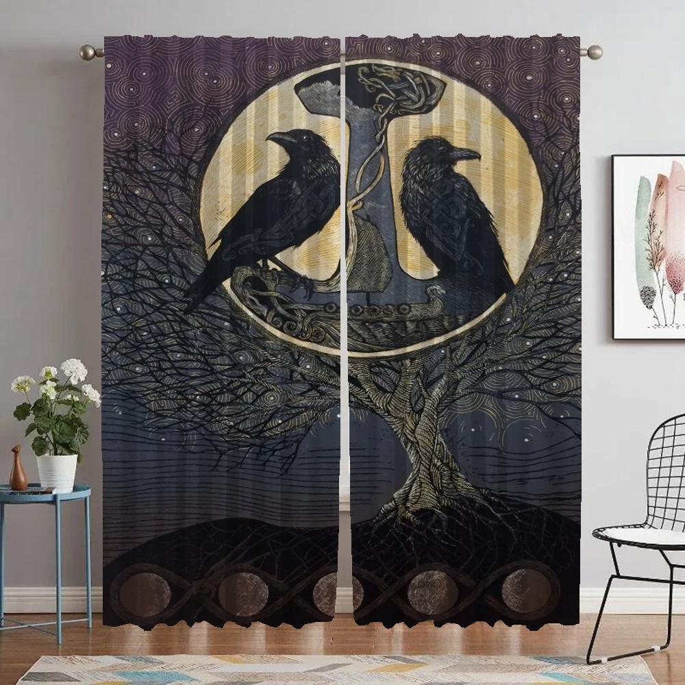 Vikings Odins Ravens Muninn Kitchen Curtains for Living Room Partition Blackout Curtain for Room 2 Panel Halloween Decoration