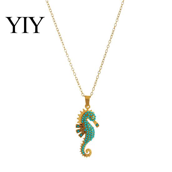 Lightweight Fashion Necklace Women Blue Seahorse Necklace, Rhinestone Pendant Stylish Sea Stunning Ocean Creature Summer Beach Gift for Her