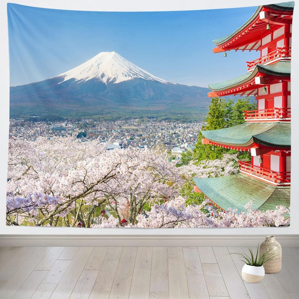 Japanese Pink Sakura Tapestry Cherry Blossoms Mountain Fuji Japan Wall Hangings Tapestry for Bedroom Living Room Dorm Home Decor