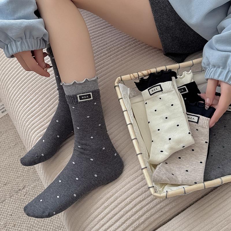 Woman Socks New Dots Cute Frilly Casual Long Socks For Women Breathable Preppy Style Ladies Novelties Socks Cotton Soft Comfy