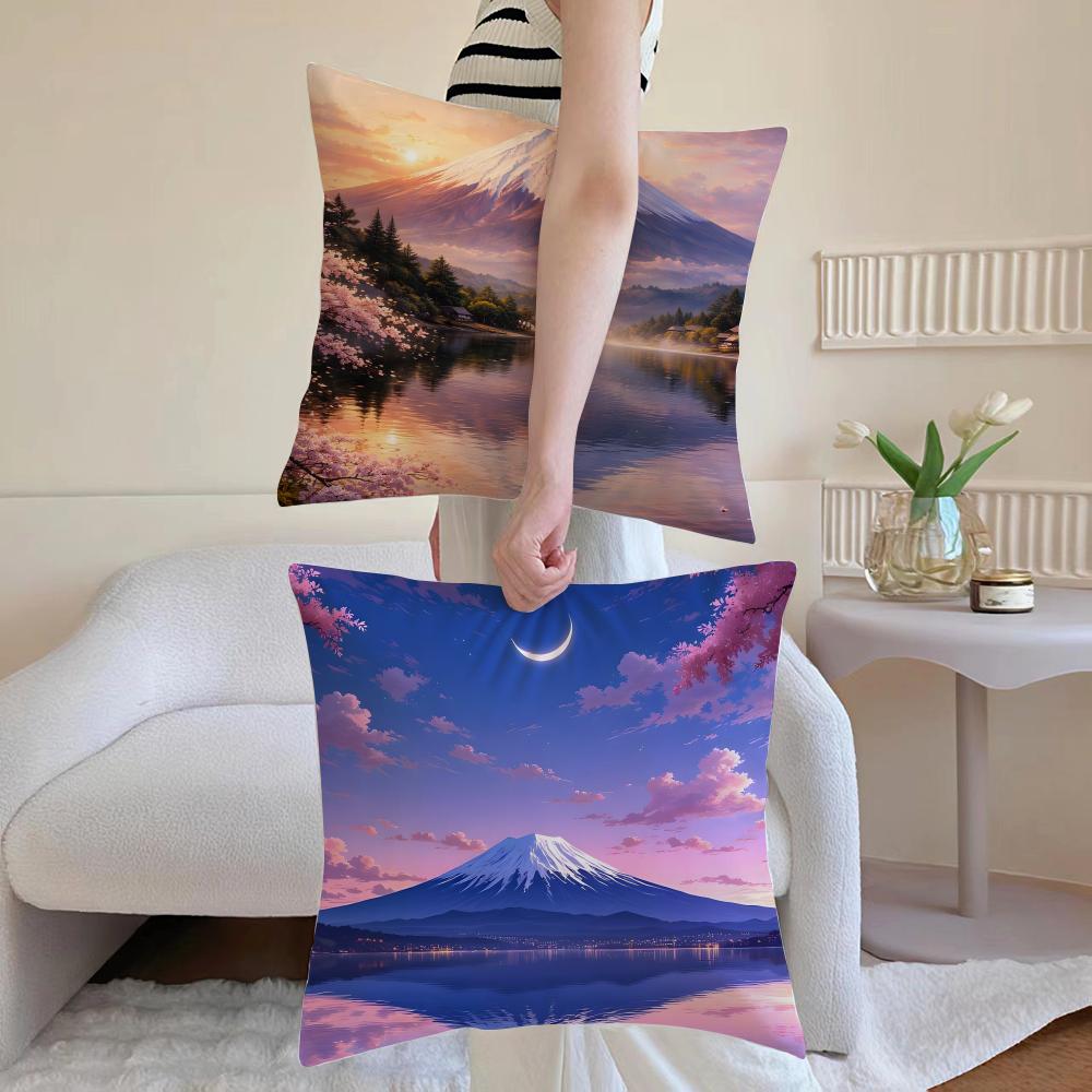 Japanese Cherry Blossom Fuji Mountain Sunset Cushion Cover Washable Linen Pillowcase Soft For Daily Sofa Bed Home Room Decor