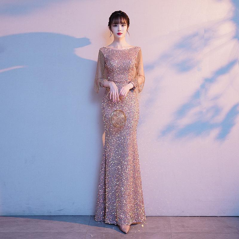 Fishtail Evening Dress Women's 1011 Summer Banquet Elegant Temperament Sequins Host Performance Celebrity Slim Dress